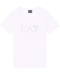 EA7 - Tops ,Wit ,Katoen Logo Series T-Shirt Met Ronde Hals En Strasssteentjes - Lyst