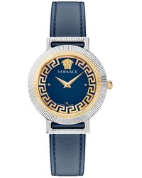 Versace - Accessoires ,Grijs ,Chic Leren Horloge Blauw Goud - Lyst