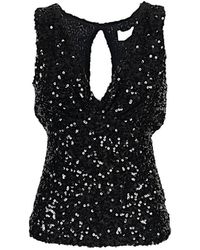 P.A.R.O.S.H. - Tops ,Zwart ,Polyester Zwarte Top Met Brede Schouders En V-Hals - Lyst