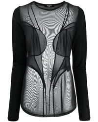 Balmain - Tops ,Zwart ,Polyester Mesh Mix Blouse - Lyst