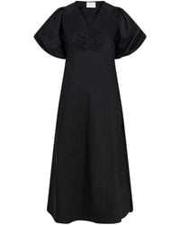 Neo Noir - Kleedjes ,Zwart ,Katoen Illana Zwarte Poplin Jurk Met Gedrapeerde Details - Lyst