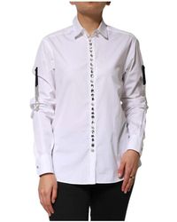 Dolce & Gabbana - Witte Kristalversierde Gekraagde Overhemd Top - Lyst