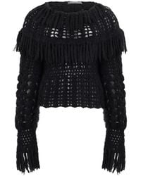 Alberta Ferretti - Truien & Vesten ,Zwart ,Wol Cropped Trui Met Franjes - Lyst