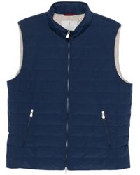 Brunello Cucinelli - Jassen ,Blauw ,Leer Gewatteerd Gilet Met Hoge Kraag - Lyst