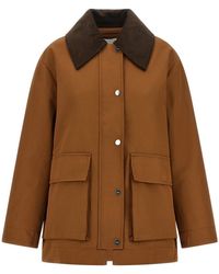 Ganni - Jassen ,Bruin ,Katoen Jas Met Corduroy Kraag En Zakken - Lyst
