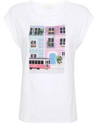 Liu Jo - Weißes jersey t-shirt mit rhinestone lisbon print - Lyst