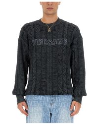 Versace - Truien & Vesten ,Grijs ,Katoen Knit Sweater Stone Washed Serie - Lyst