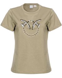 Pinko - T-shirt donna quentin jersey logo birds ricamo borchie u84 colore verde - Lyst