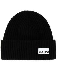 Ganni - Gerippte mélange beanie mütze mit logo patch,schwarze wollmischung beanie mütze - Lyst