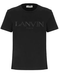 Lanvin - Magliette nera in cotone con logo ricamato - Lyst