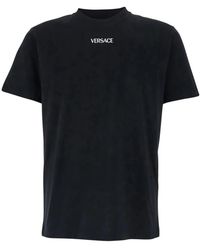 Versace - Tops ,Zwart ,Katoen Geborduurde Slim-Fit T-Shirt Van Katoenjersey - Lyst