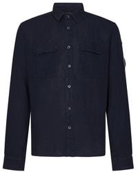 C.P. Company - Camicia di lino blu a maniche lunghe con dettaglio lente - Lyst
