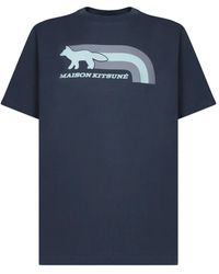Maison Kitsuné - T-shirt in cotone blu con stampa frontale - Lyst