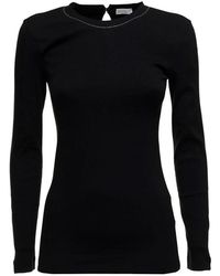 Brunello Cucinelli - Tops ,Zwart ,Katoen Zwarte Katoenen T-Shirt Met Monile Ronde Hals - Lyst