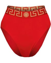Versace - Badmode ,Rood ,Leer Hoog Getailleerde Bikini Broek Met Elegant Rood Ontwerp - Lyst