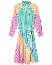 FARM Rio - Kleedjes ,Veelkleurig ,Katoen Cutwork Strepen Jurk Met Lange Mouwen En Midi Lengte - Lyst