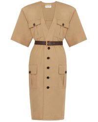 Saint Laurent - Twill Katoenen Midi-Jurk Met Ceintuur - Lyst