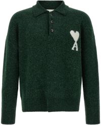 Ami Paris - Truien & Vesten ,Groen ,Wol De Coeur Long-Sleeved Polo Shirt - Lyst