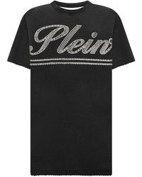 Philipp Plein - Kleedjes ,Zwart ,Katoen Open Back T-Shirt Dress Strass Signature - Lyst
