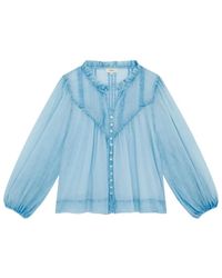 Suncoo - Overhemden ,Blauw ,Katoen Semi-Transparante Blouse Met V-Hals - Lyst