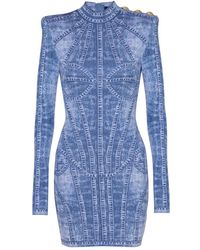 Balmain - Korte Jacquard Gebreide Jurk Met Denim Effect - Lyst