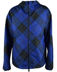 Burberry - Jassen ,Blauw ,Polyester Geruite Jas Met Capuchon - Lyst