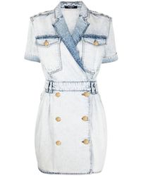 Balmain - Blauwe Denim Mini Jurk Met Riem - Lyst