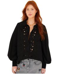 FARM Rio - Overhemden ,Zwart ,Katoen Geborduurde Blouse Met Lange Mouwen En Knopen - Lyst