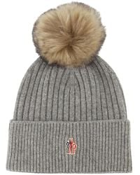 Moncler - Accessoires ,Grijs ,Wol Cashmere Muts Met Pompon - Lyst