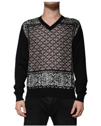 Dolce & Gabbana - Schwarzer woll v-ausschnitt logo pullover - Lyst