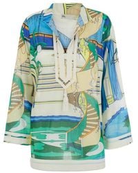 Tory Burch - Overhemden ,Veelkleurig ,Katoen Jurk Met V-Hals En All-Over Print - Lyst