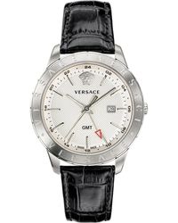 Versace - Gmt pelle argento acciaio inossidabile orologio - Lyst
