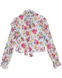 MSGM - Overhemden ,Veelkleurig ,Georgette Viscose Blouse Met Bloemenprint En Rucheskraag - Lyst