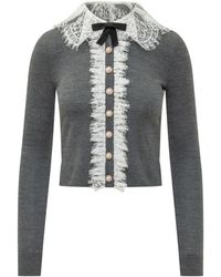 Self-Portrait - Truien & Vesten ,Grijs ,Katoen Cardigan Met Kanten Kraag - Lyst