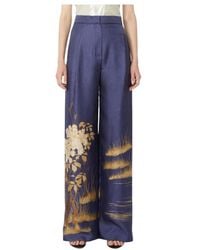 Max Mara - Broeken ,Blauw ,Wijde Broek Met Geborduurde Bloemenprint - Lyst