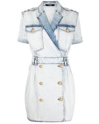 Balmain - Denim Korte Jurk Met Riem - Lyst