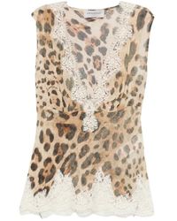 Ermanno Scervino - Overhemden ,Bruin ,Top Met Luipaardprint En Kanten Rand - Lyst