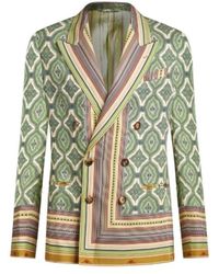 Etro - Jassen ,Groen ,Double-Breasted Blazer Met Strepen En Medaillons - Lyst