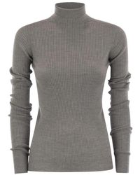 Sportmax - Truien & Vesten ,Grijs ,Wol Geribbelde Turtleneck Trui Van Zuiver Wol - Lyst