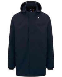 K-Way - Jassen ,Blauw ,Nylon Blauwe Parka Jas Driekwart Lengte - Lyst