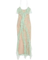 Blumarine - Kleedjes ,Groen ,Polyester Lange Kanten Jurk Met Volant En Split - Lyst