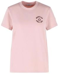 Moncler - Tops ,Roze ,Katoen Ribgebreide T-Shirt Met Ronde Hals En Logo - Lyst