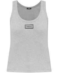 Versace - Tops ,Grijs ,Katoen Geribbelde Stretch Katoenen Tanktop - Lyst