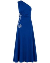 FARM Rio - Kleedjes ,Blauw ,Polyester Maxi Jurk Met Één Schouder En Zeemeerminborduurwerk - Lyst