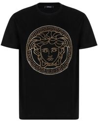 Versace - Tops ,Zwart ,Katoen Medusa Geborduurd T-Shirt - Lyst
