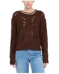 Liu Jo - Truien & Vesten ,Bruin ,Wol Rondgebreide Trui Met Strass - Lyst
