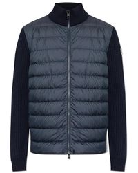 Moncler - Jassen ,Blauw ,Leer Coltrui Cardigan Met Gewatteerd Voorpand - Lyst