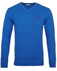 U.S. POLO ASSN. - Truien & Vesten ,Blauw ,Katoen V-Hals Pullover Trui - Lyst