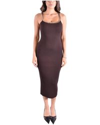 Michael Kors - Kleedjes ,Bruin ,Polyester Geribbelde Stretch Gebreide Midi Jurk Met Ketting - Lyst