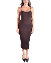 Michael Kors - Kleedjes ,Bruin ,Polyester Geribbelde Stretch Gebreide Midi Jurk Met Ketting - Lyst